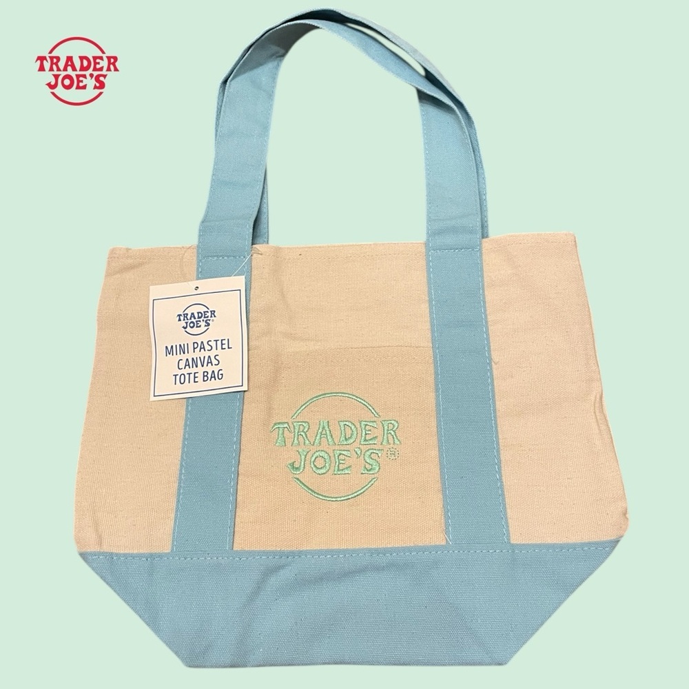 🩵Trader Joe's Mini Pastel Canvas Tote Bag in Light Blue, Mint & Natural. NWT